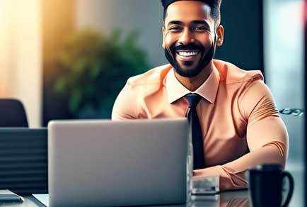 Productive Corporate Remote Work Smiling businessman working productively on a high-performance corporate laptop.